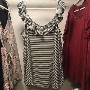 Black and white striped ruffle tank